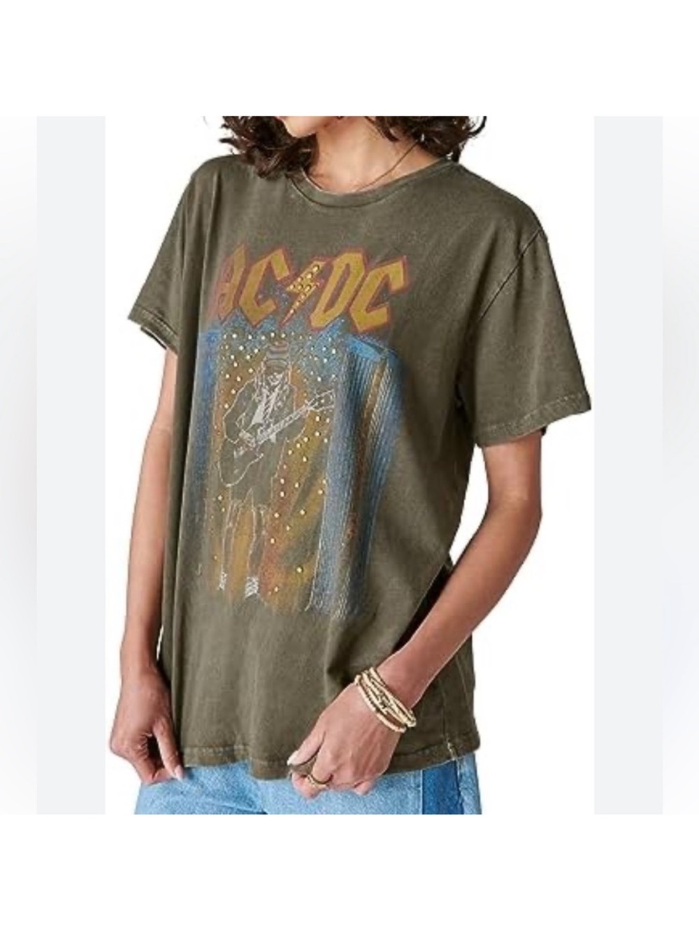 Lucky Brand ACDC Black Studded Graphic Tee Boyfriend Fit Size XS
